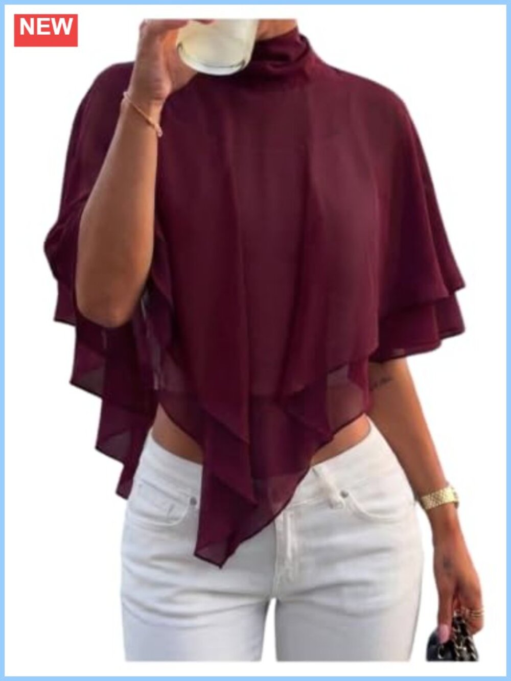 Women's Chiffon Poncho Blouse Mock Neck Tie Open Back Ruffle Asymmetrical Top